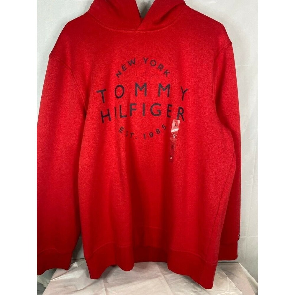 Tommy Hilfiger Mens Hoodie Sweatshirt Red Logo Pullover New York Est 1985 L